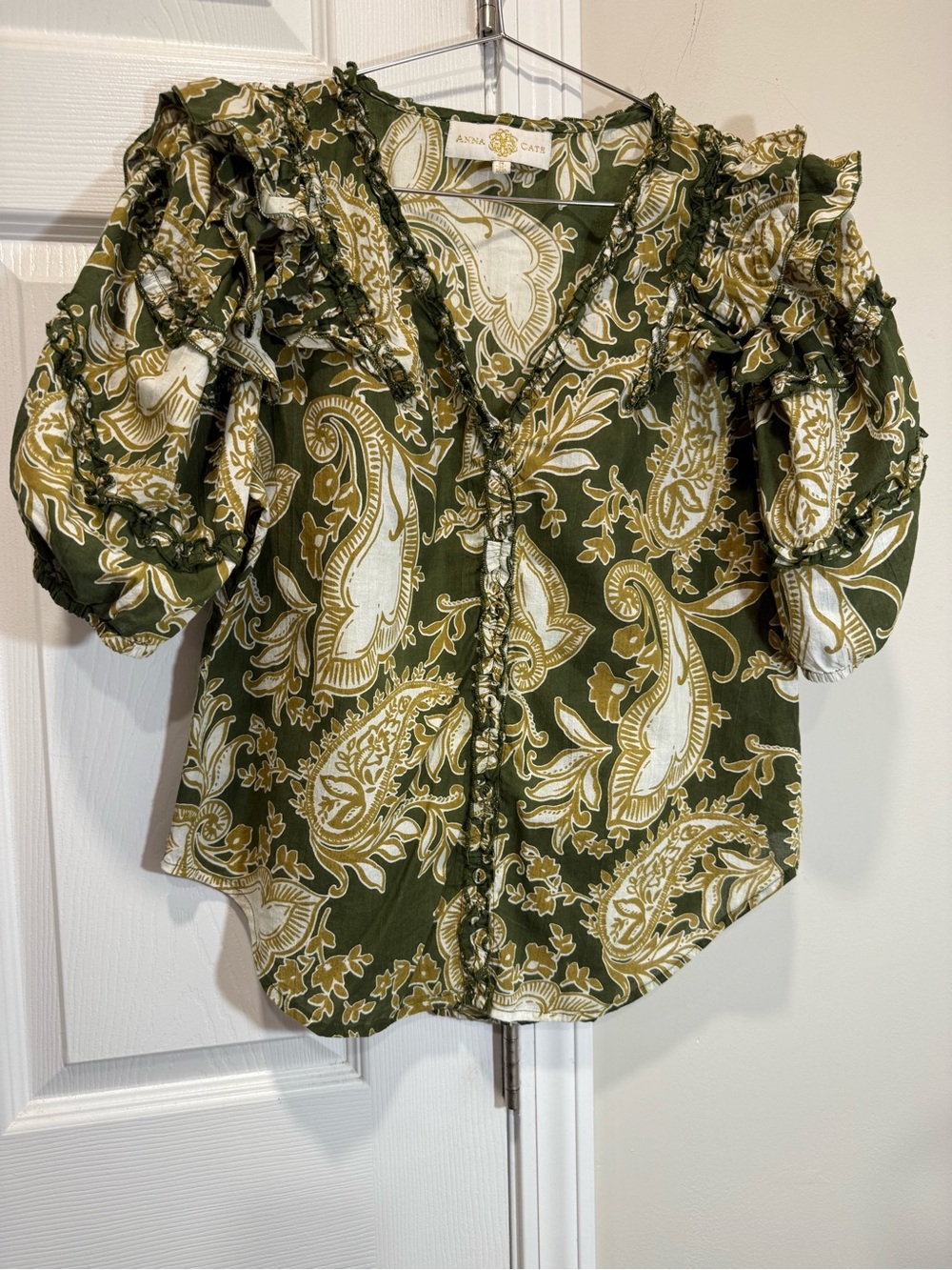 Anna Cate Olive Paisley Ruffle Puff Sleeve Cotton Button Blouse Size M